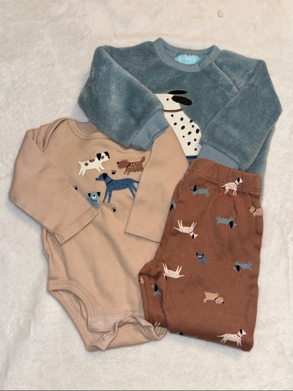 PEKKLE Baby Dog Print 3-Piece Set - Dusty Blue, Tan & Brown